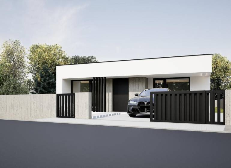 A family house in Nesvady with a white facade, a black fence, and a parked car.