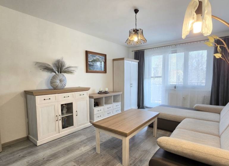 A living room in a two-room apartment with a wood-patterned floor, a sofa, and white furniture.