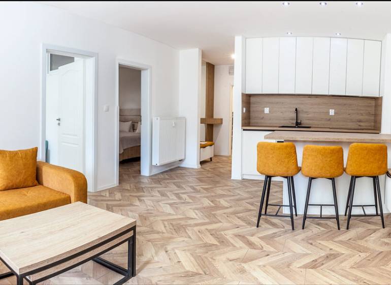 Recreational apartment with a sofa, kitchen counter, and wood-patterned flooring.