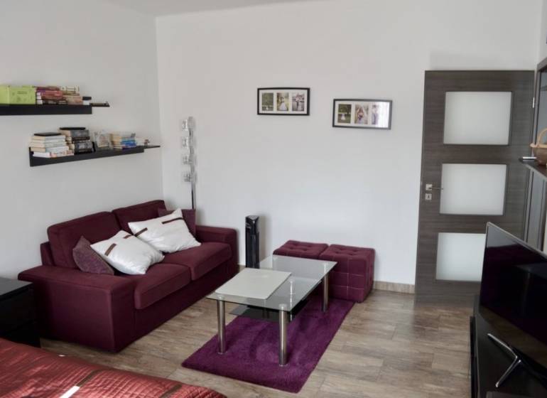 Living room with a burgundy sofa, glass table, and wood-patterned floor.