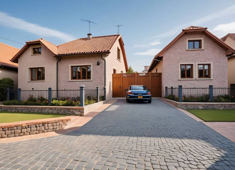 A family house in Babiná with a car on a paved yard and a garden.