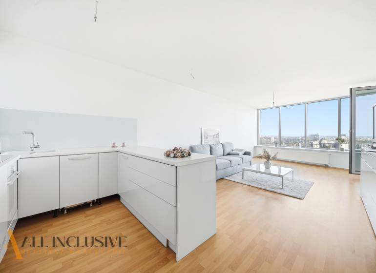 A bright kitchen with a living room, wood-patterned flooring, a sofa, large windows.