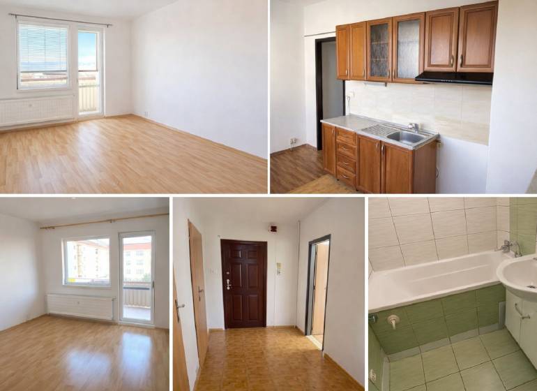 3-room apartment with wood-patterned flooring, kitchen and bathroom, bright rooms.