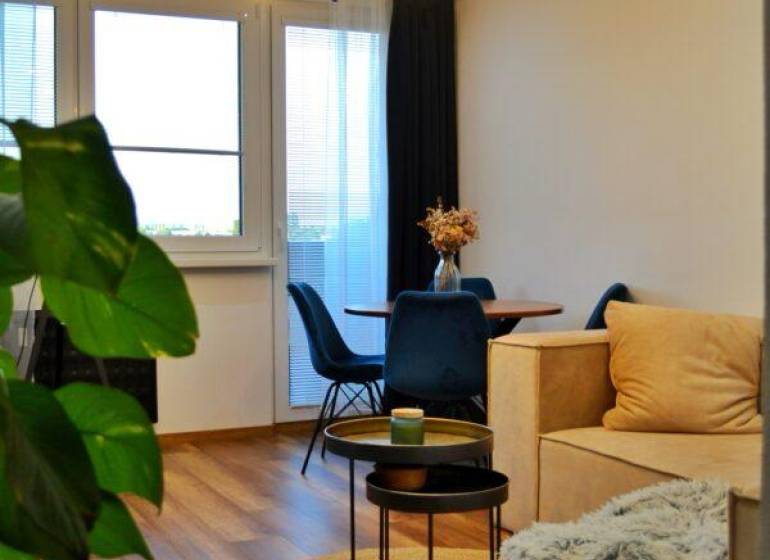 Living room with wood-patterned flooring, a comfortable sofa, and a shaggy blanket in a three-room apartment.