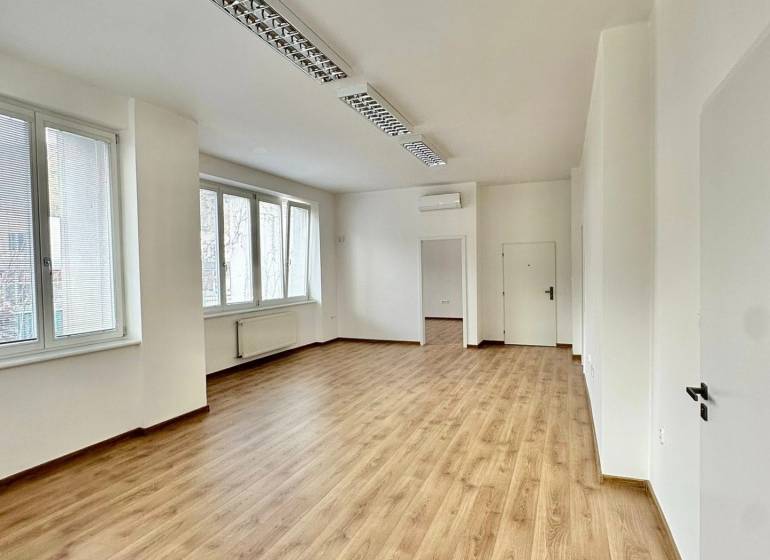 Offices with wood-patterned flooring, white walls, and windows offer a bright working space.