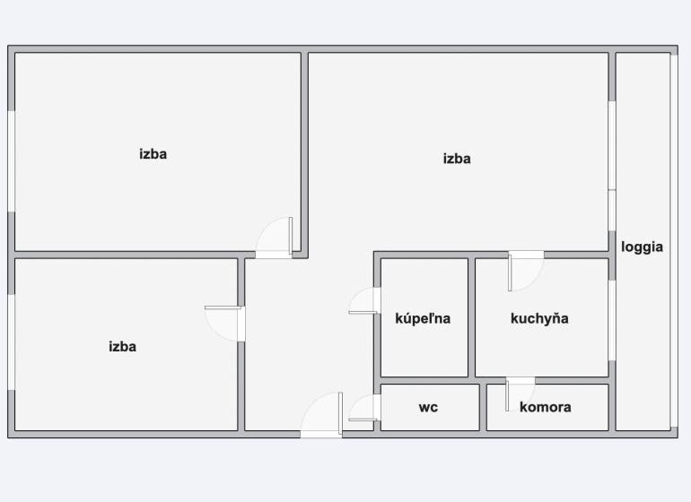 Floor plan of a 3-room apartment with a loggia, kitchen, bathroom, and pantry.