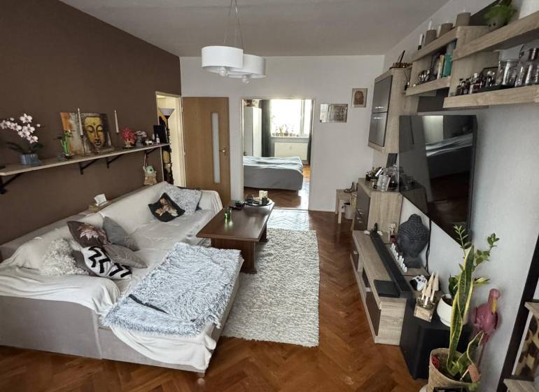 Living room with a sofa, table, and wooden decor flooring in a 3-room apartment.