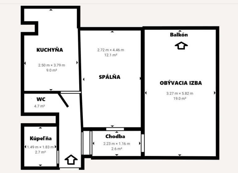Floor plan of a 2-room apartment with a kitchen, living room, and balcony.