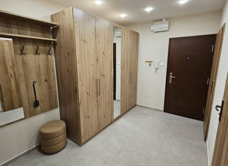 A hallway in a 2-room apartment with furniture featuring a wood decor and a built-in mirror.