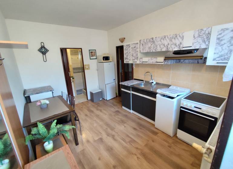 A kitchen in a studio apartment with a wood-patterned floor, nicely furnished and functional.