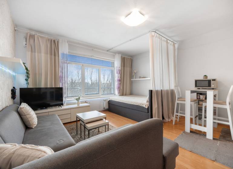 Living area of a studio apartment with a sofa, TV, dining table, and bed.