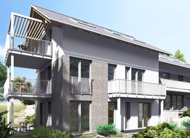 A recreational apartment in Starý Smokovec with large windows, a balcony, and skylights surrounded by nature.