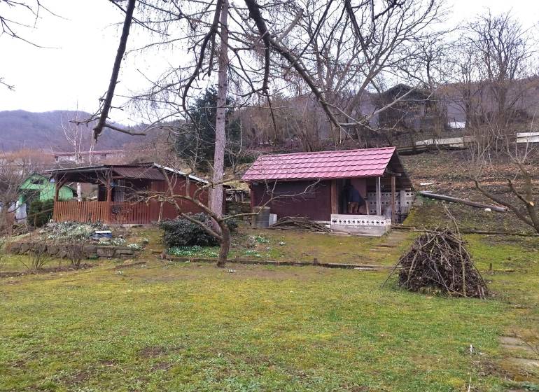 A garden with a cottage in Banská Bystrica on Srnkova Street with fruit trees.