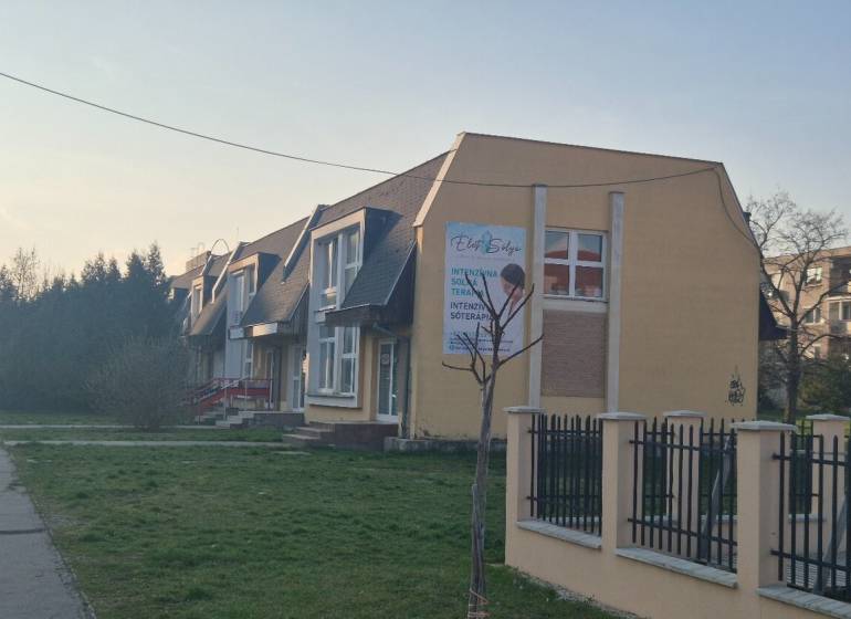 Houses with flat roofs on Gen. Klapka Street in Komárno, surrounded by greenery. Commercial spaces.
