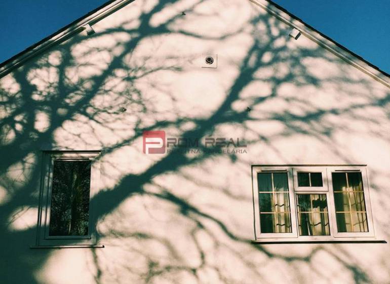 The facade of a family house in Piešťany with a tree shadow on the wall.