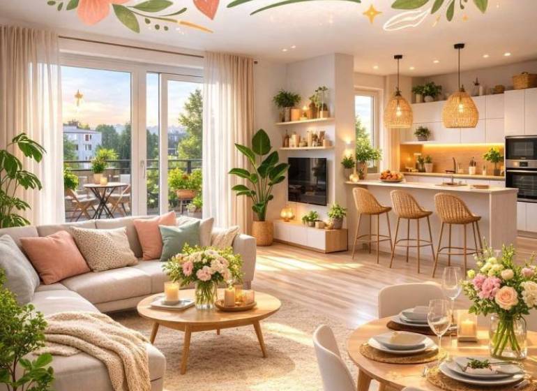A stylish interior of a 2-room apartment with a wood-decor floor and elegant details.