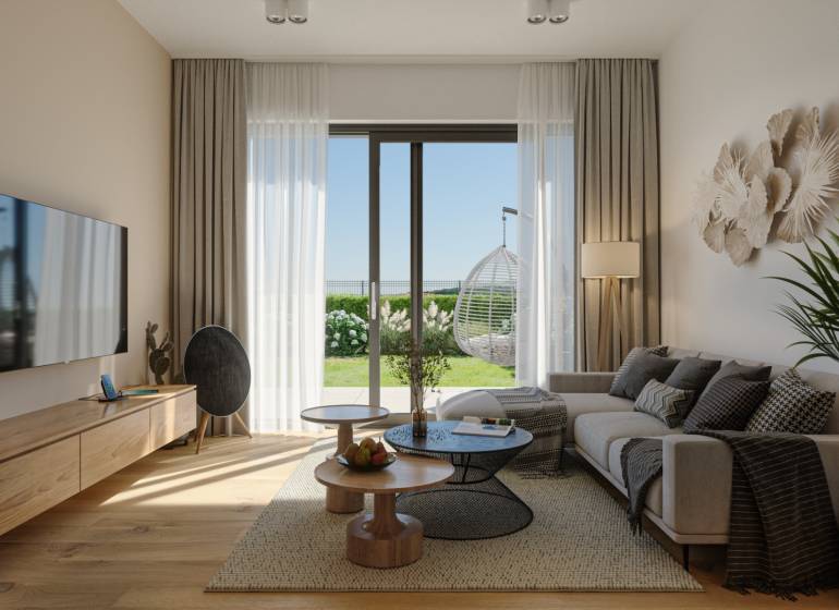 Living room in a family house with a large window and a floor with a wood decor.