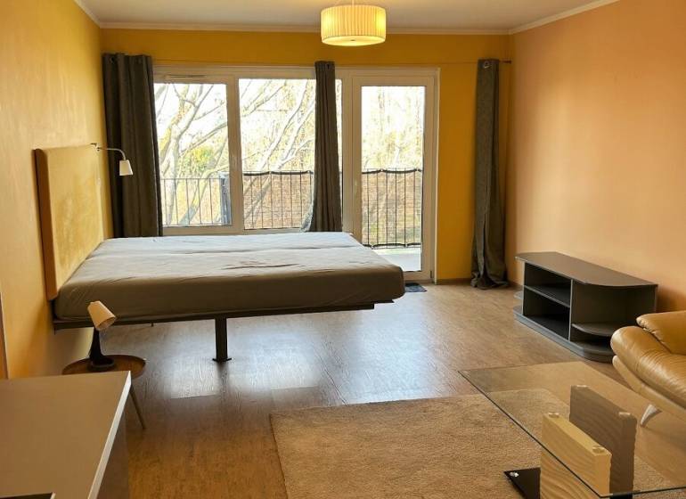A spacious room in a 3-room apartment with a wood-patterned floor and large windows.