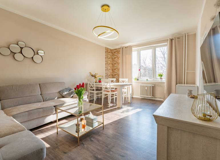 Living room with a corner sofa, dining table, and wooden decor flooring in a two-room apartment.