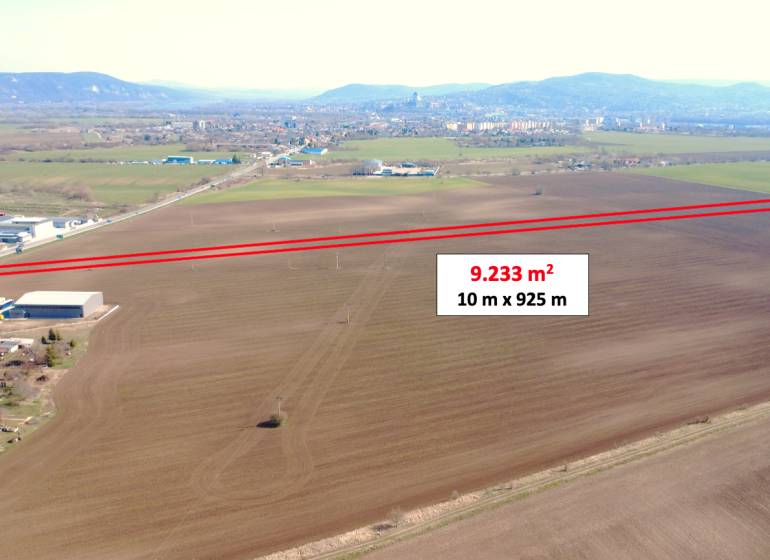 Aerial view of agricultural land near Štúrovo, bordered by a red line.