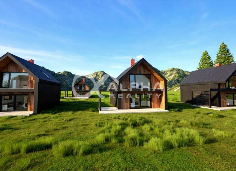 Modern wooden houses on plots in Spišské Vlachy, surrounded by mountains and nature.
