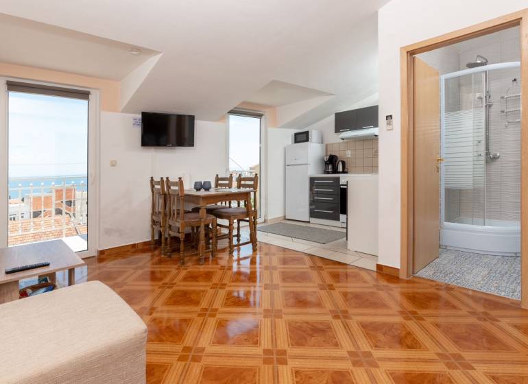 A holiday apartment with a sea view, kitchen, and dining table.