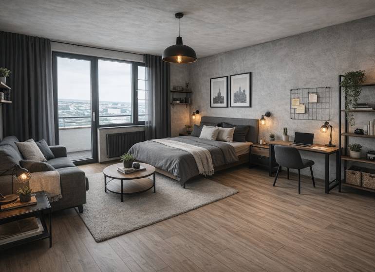 Stylish studio apartment with a sofa, bed, desk, and floor with wooden decor.
