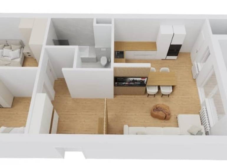 Floor plan of a 3-room apartment with wood-patterned flooring and furnishings.