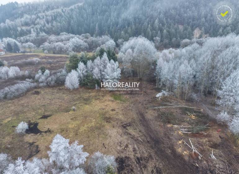 Snow-covered recreational plots in Liptovský Ján, surrounded by coniferous forests and white trees.