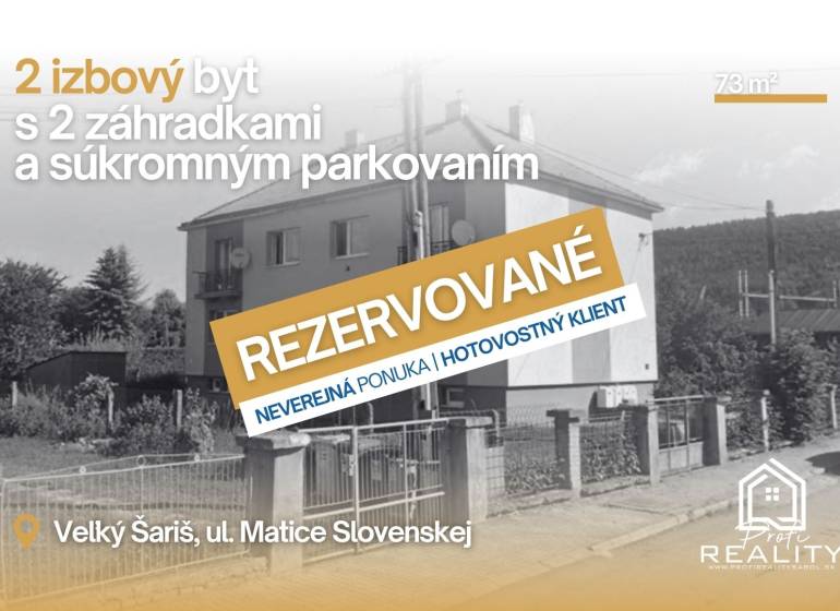Reserved 2-room apartment with two gardens on Matice Slovenskej Street, Veľký Šariš.