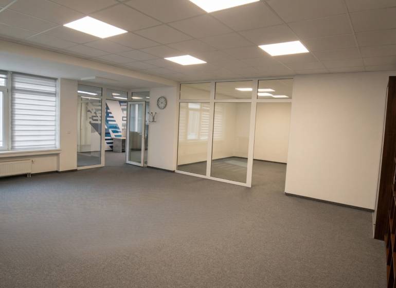 Spacious offices with glass partitions and a shelf, floor with wood decor.