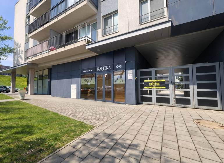 Commercial premises on Hrachova Street in Bratislava - Ružinov, a modern building with green surroundings.