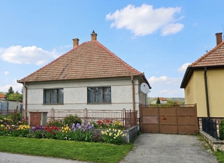 A family house in Trstín with a blooming garden and a blue sky.
