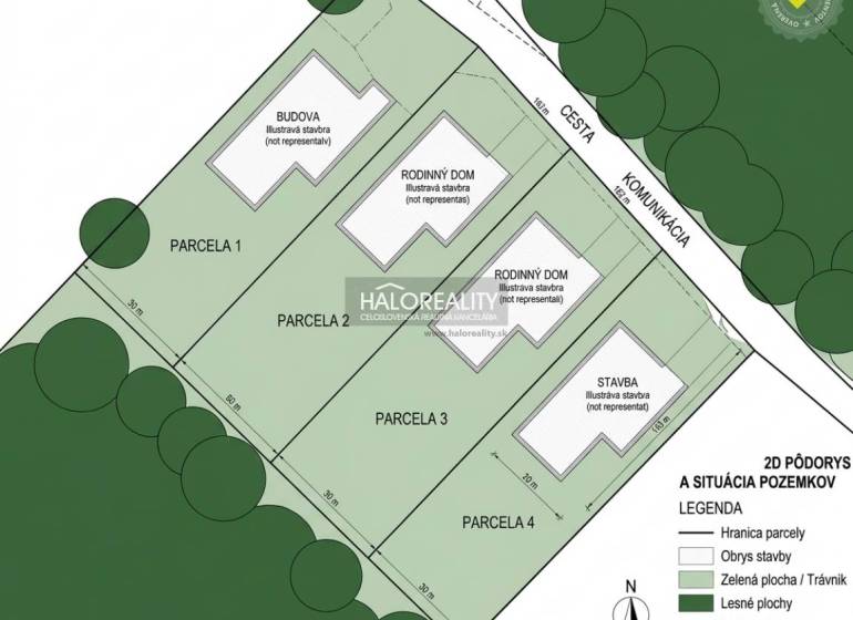 Aerial view of land plots - housing in Prešov with marked parcels.