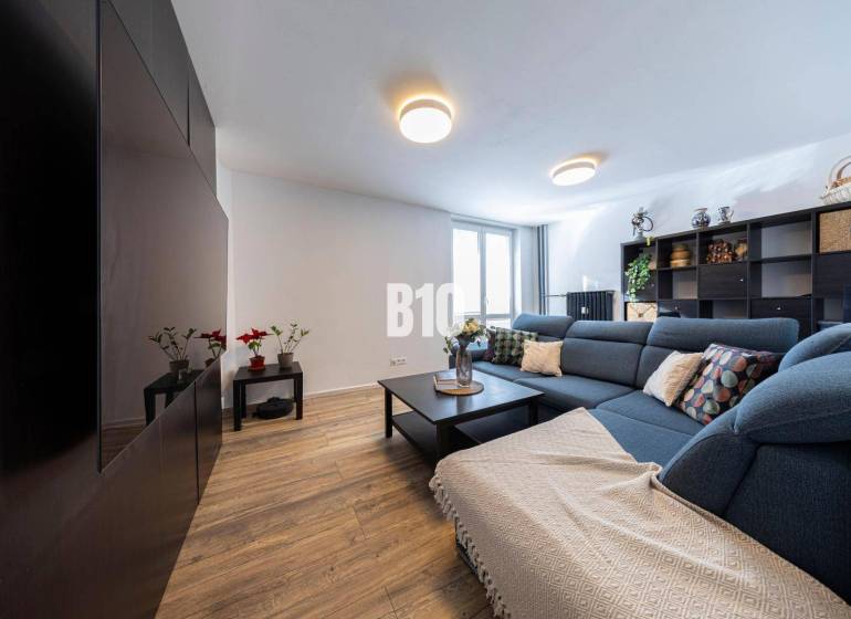 Living room in a 3-room apartment with a blue sofa and a wood-patterned floor.