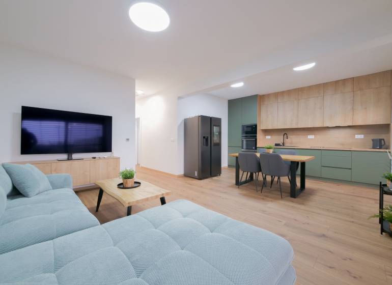 Living room in a family house with a wood-patterned floor and a kitchenette.