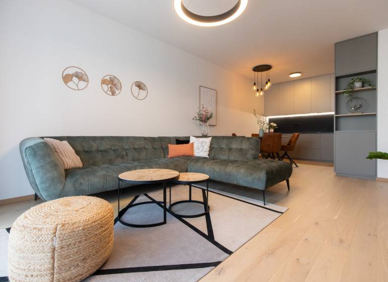 Living room in a two-room apartment with a sofa, coffee tables, and wood-patterned flooring.