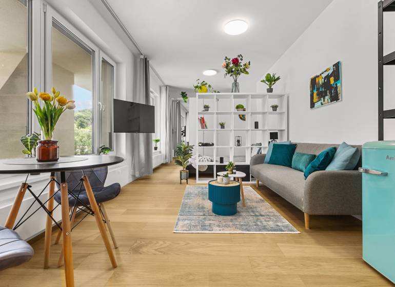 Bright 1-room apartment with wood-patterned flooring, a sofa, and a dining area.