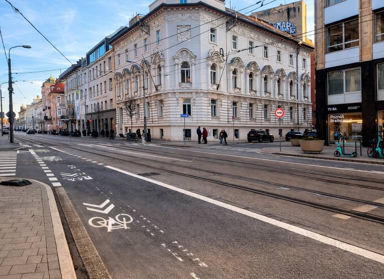 Štúrova Street in Bratislava - Historical core with commercial spaces and tram tracks.