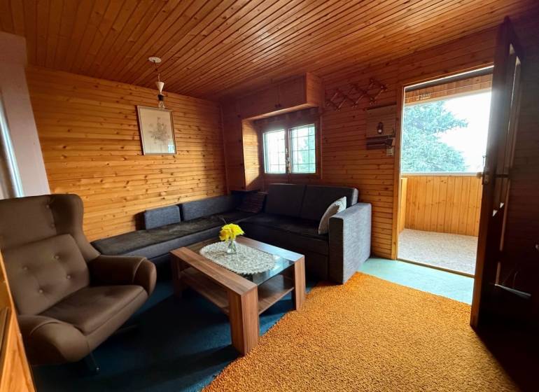 Interior of a cabin with seating and wooden paneling.