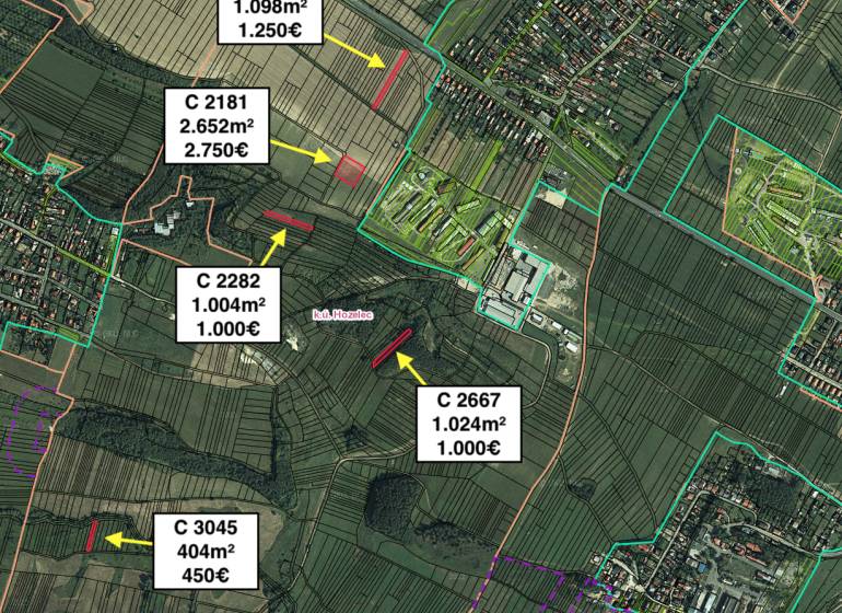 Aerial view of the distribution of agricultural and forest land in Hozelec.