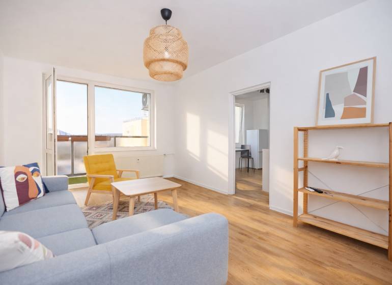 A bright living room in a three-room apartment with wood-patterned flooring and designer accessories.