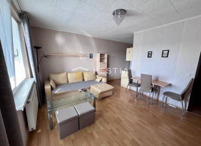 Living room in a two-room apartment with a wooden decor floor.