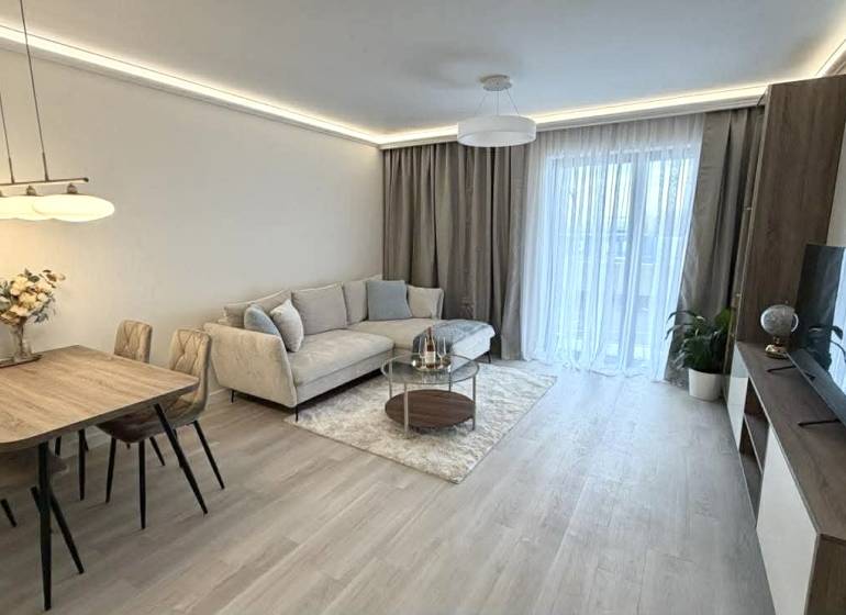 Living room in a two-room apartment with a wooden decor floor, a sofa, and a dining table.