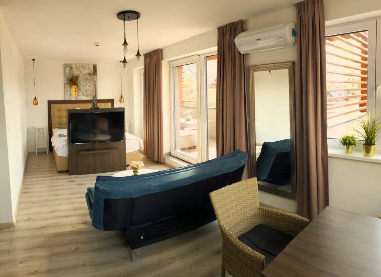 Bright 2-room apartment with wood-patterned flooring, a sofa, and large windows.