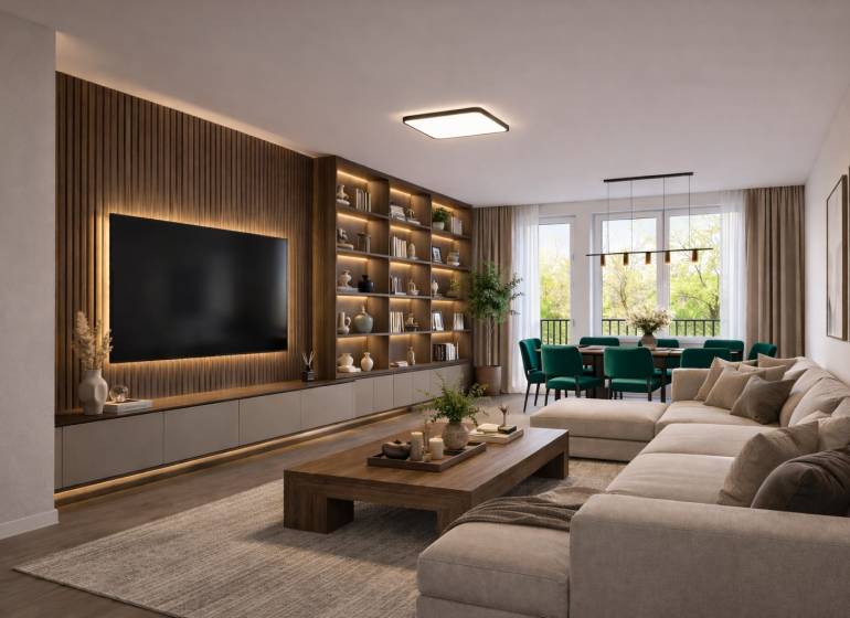 A stylish living room with a sofa, wooden decor flooring, and a large TV in a 3-room apartment.