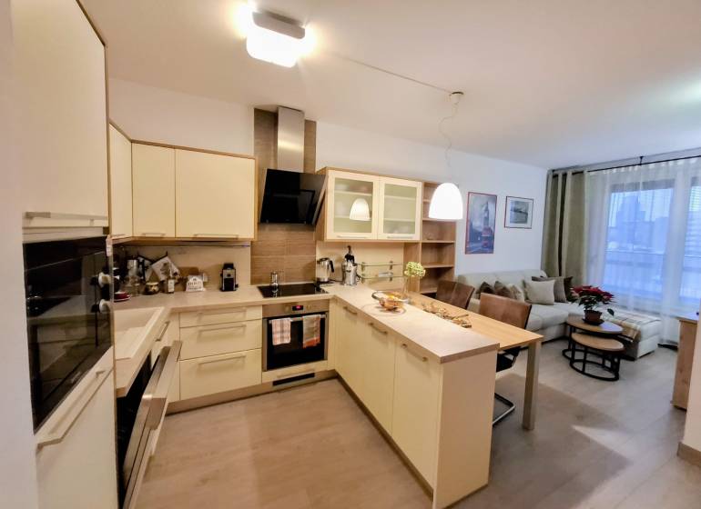 A kitchen in a 2-room apartment with a kitchen island and built-in appliances.
