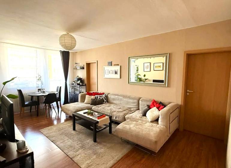 Living room in a 3-room apartment with a wooden decor floor, a sofa, and a dining table.