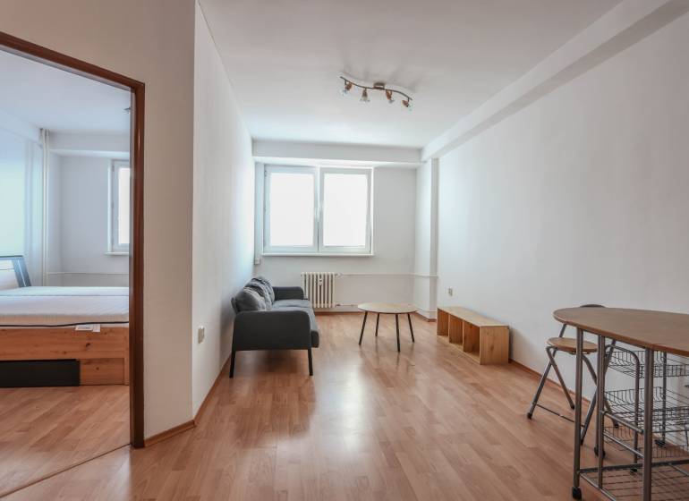 Interior of a 2-room apartment with a couch, table, and floor with wood decor.
