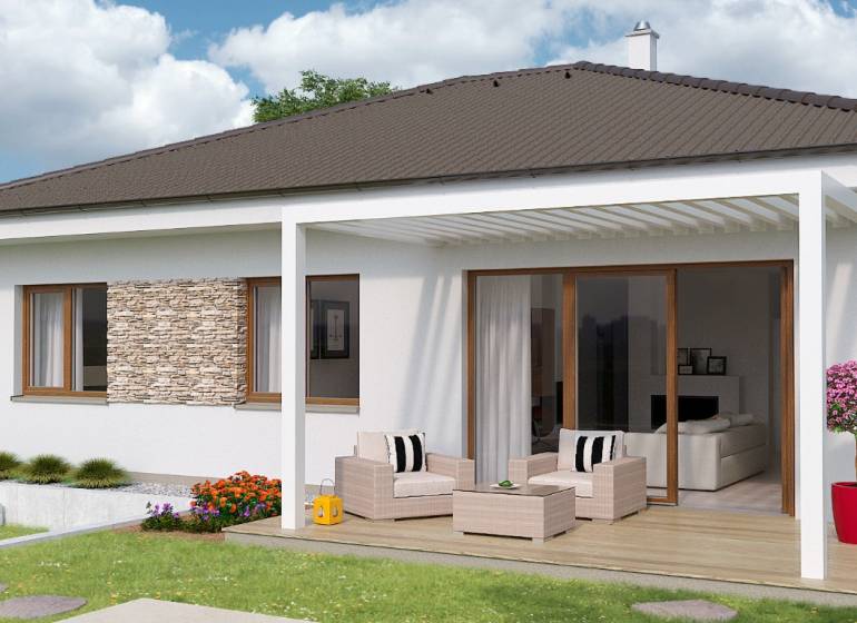 A family house on Jelšová Street in Bernolákovo with a terrace and garden seating.